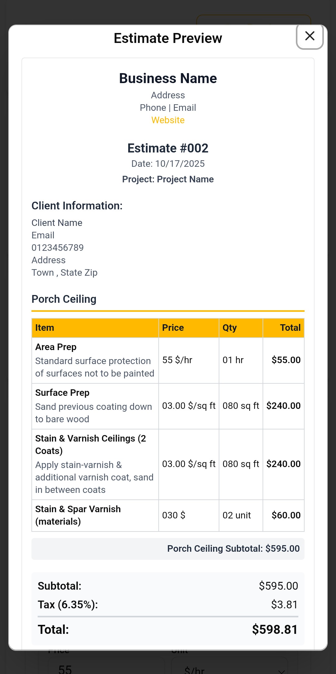 Estimate Preview - Professional formatted estimate