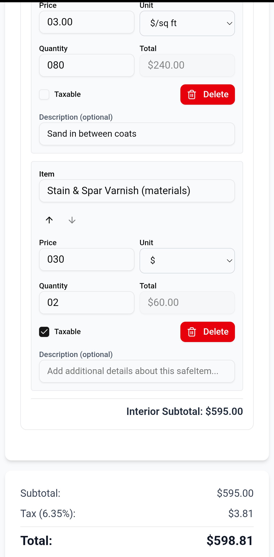 Line Items - Add detailed pricing for painting services